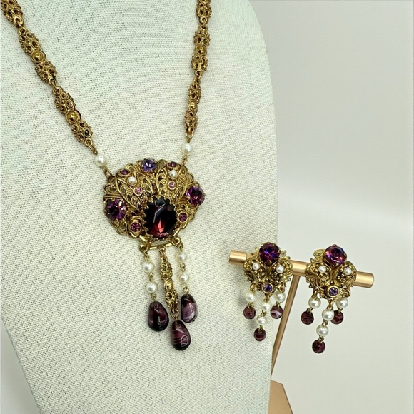 Vintage W Germany Purple Glass Filigree Necklace Earrings Set Parure - Picture 12 of 17